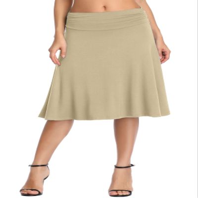Urban CoCo Women's Ruched High Waist Knee Length Jersey A-Line Stretchy Flared Casual Skirt (M, Camel)