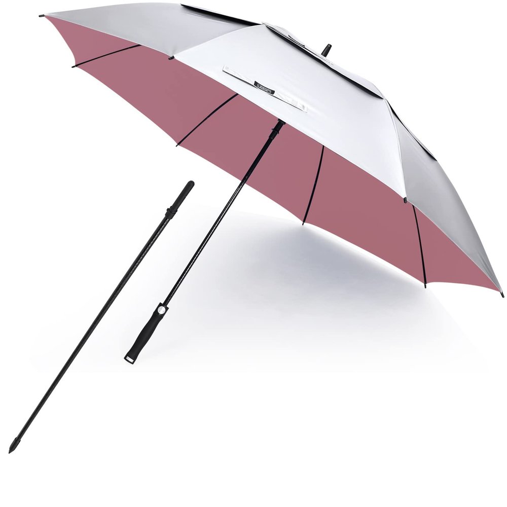 G4Free Vented UV Golf/Beach Umbrella 68" Arc, Auto Open Oversize Extra Large Windproof Sun Shade Rain Umbrellas(Silver/Pink)