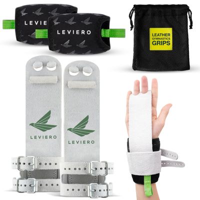 LEVIERO Gymnastics Grips Set, Grips for Gymnastics Girls, Dowel Grips with Soft Leather, Double Buckle Wrist Closure, and Adjustable Finger Holes, for All Ages - (White, 3)