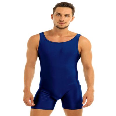 LiiYii Men's One Piece Boxers Leotard Short Tank Stretch Bodysuit Sportswear Undershirts Jumpsuit Navy Blue Medium