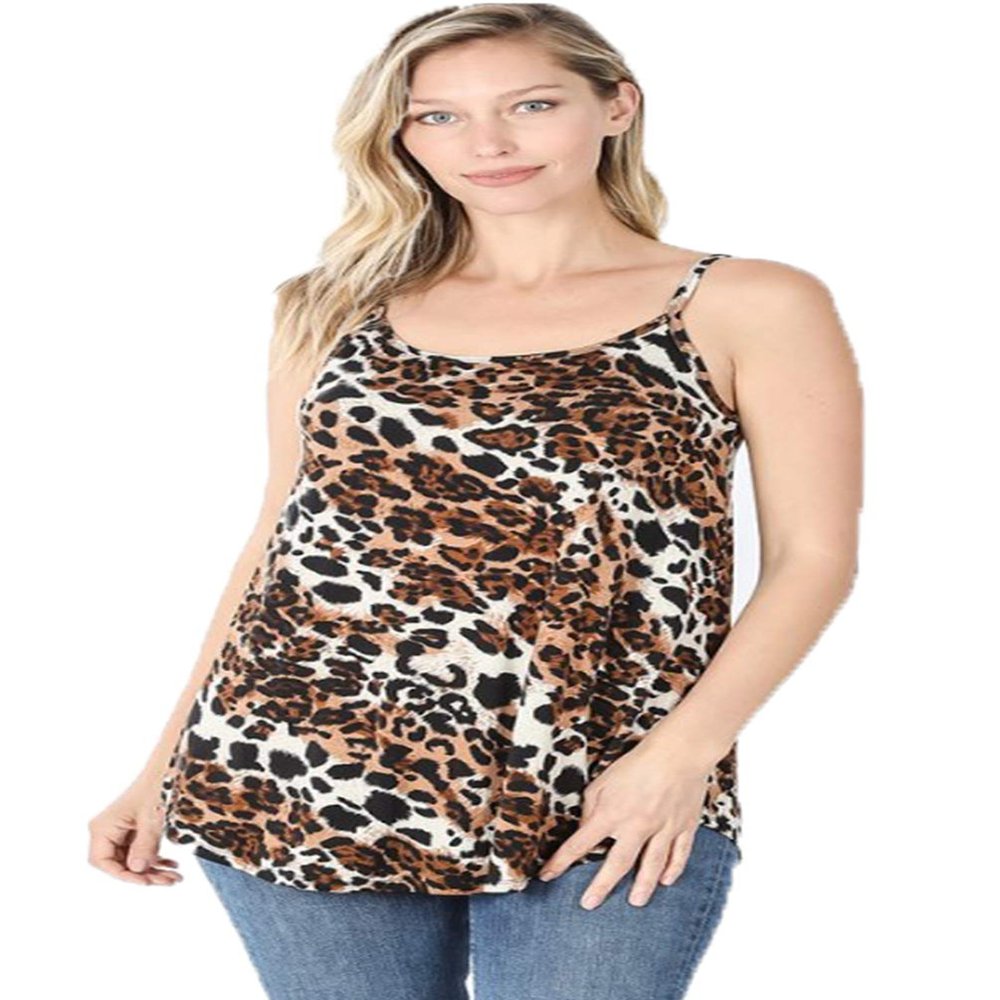 Women Front and Back Reversible Round hollowout v Neck Lightweight Loose Flare Swing fit Camisole Tank top (Leopard, Small)