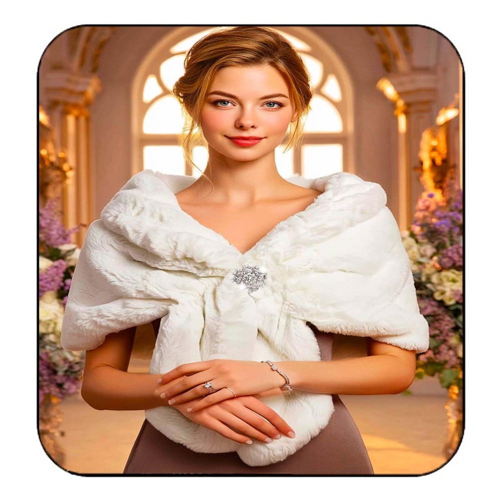 EASEDAILY Women's Fur Shawls and Wraps Wedding Fur Scarf Faux Bridal Stole with Brooch for Brides and Bridesmaids (A white) (A-white, US 4-14 (S-M))