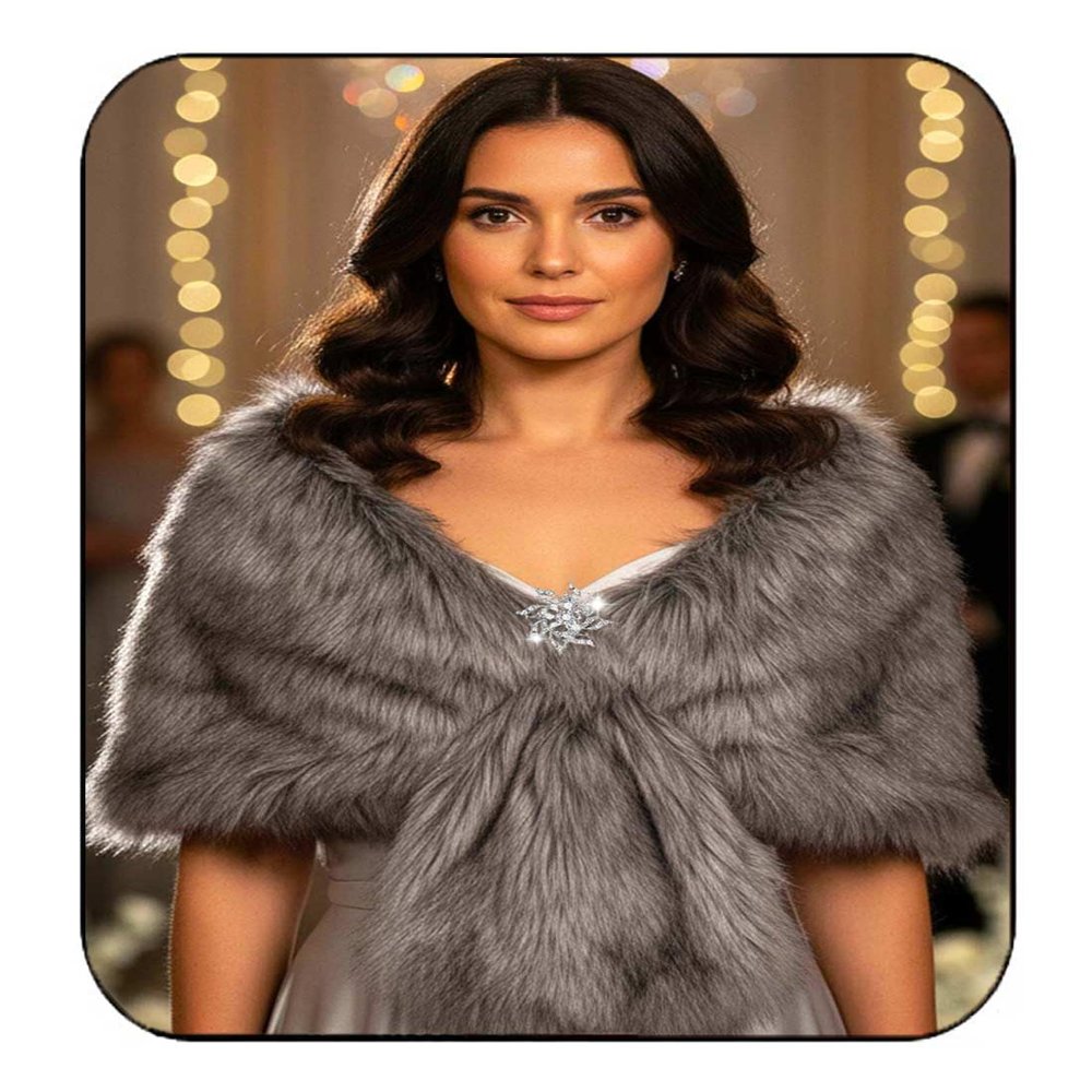 EASEDAILY Women's Fur Shawls and Wraps Wedding Scarf Faux Bridal Fur Stole with Brooch for Brides and Bridesmaids (A white) (E-grey, US 4-14 (S-M))