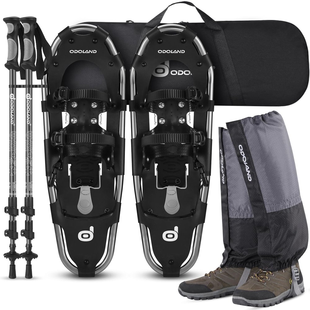 Odoland 4-in-1 Snowshoes Snow Shoes for Men and Women with Trekking Poles, Carrying Tote Bag and Waterproof Snow Leg Gaiters, Lightweight Aluminum Alloy Snow Shoes, Black, Size 21''