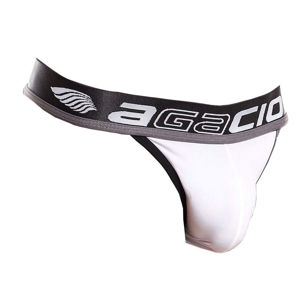 Agacio Mens Thong Underwear w/Pouch, Sexy Mens Bikini Underwear w/Wide Waistband and Ultra-Soft Fabric White
