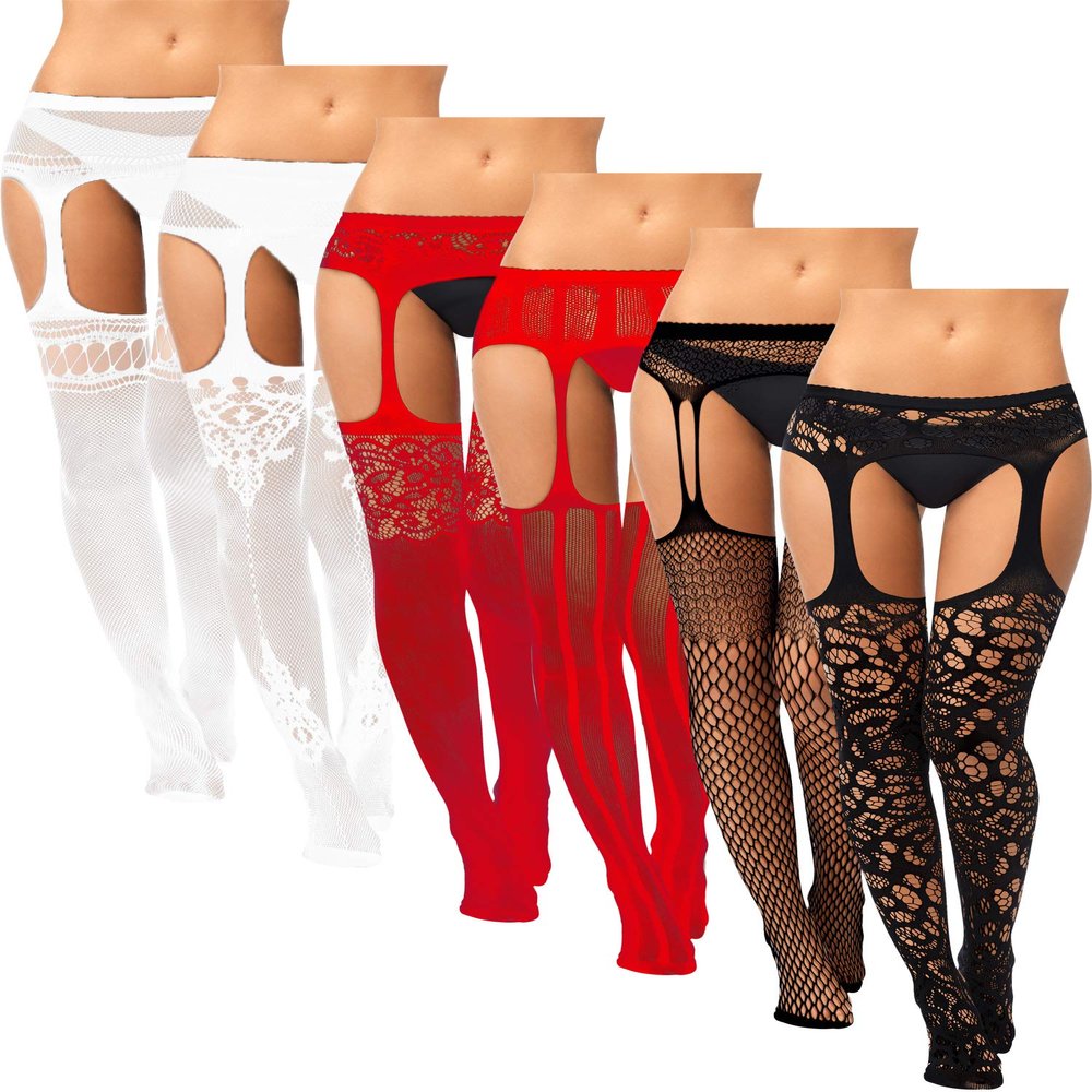 Skylety 6 Pairs Fishnet Stockings for Women Plus Size Thigh-high Tights Stockings Suspender Pantyhose Garter Belts(X-Large-xx-large,White, Red, Black)
