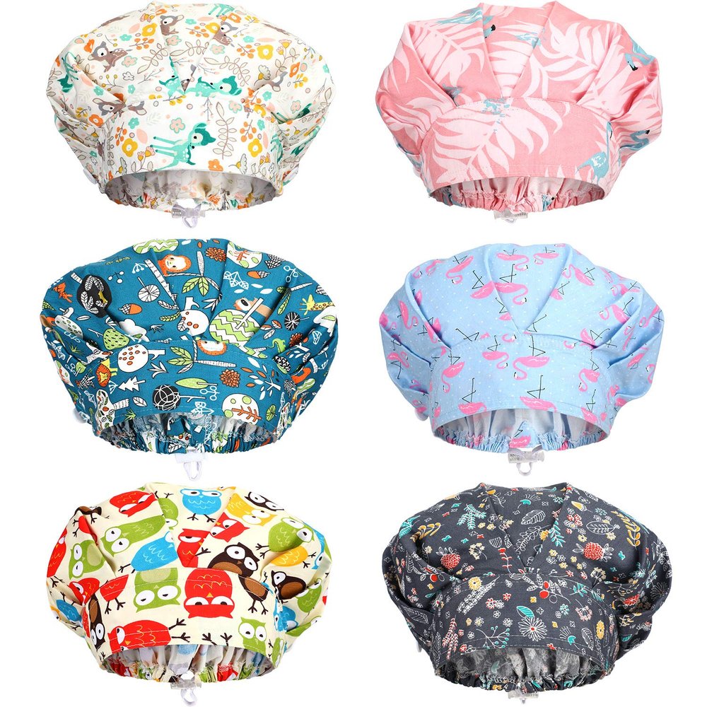 SATINIOR 6 Pieces Bouffant Caps with Buttons Elastic Bouffant Turban, Nursing Surgical Cap Printed Scrub Working Hats(Animal)