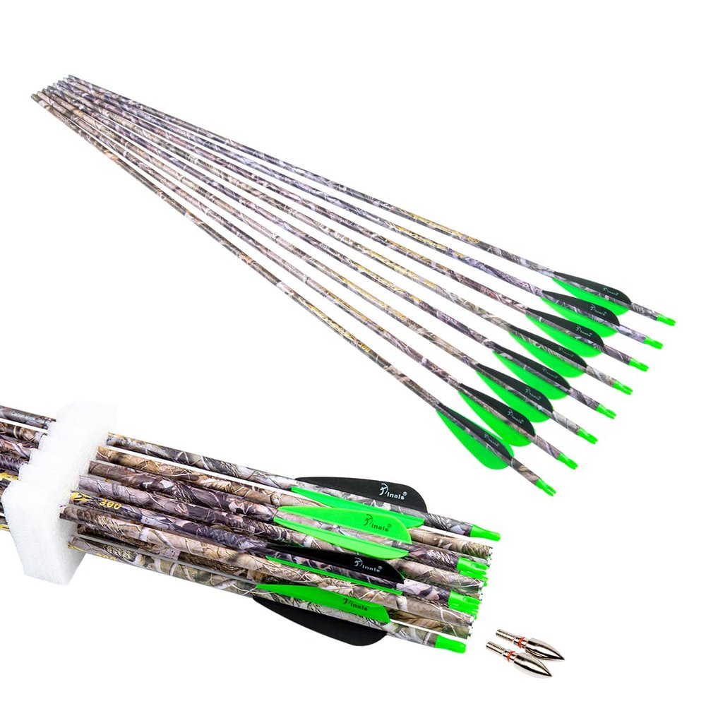 Pinals Archery 28" 30" 300 340 350 400 Spine Carbon Hunting Arrows for Compound Recurve Bow Practice Target 30 Inch Camo Arrow Shaft Pack of 12PCS Green 400