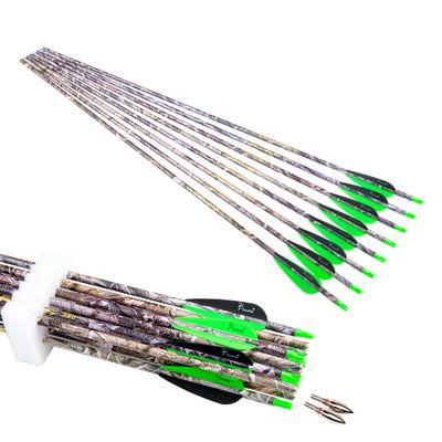 Pinals Archery 28" 30" 300 340 350 400 Spine Carbon Hunting Arrows for Compound Recurve Bow Practice Target 30 Inch Camo Arrow Shaft Pack of 12PCS Green 340
