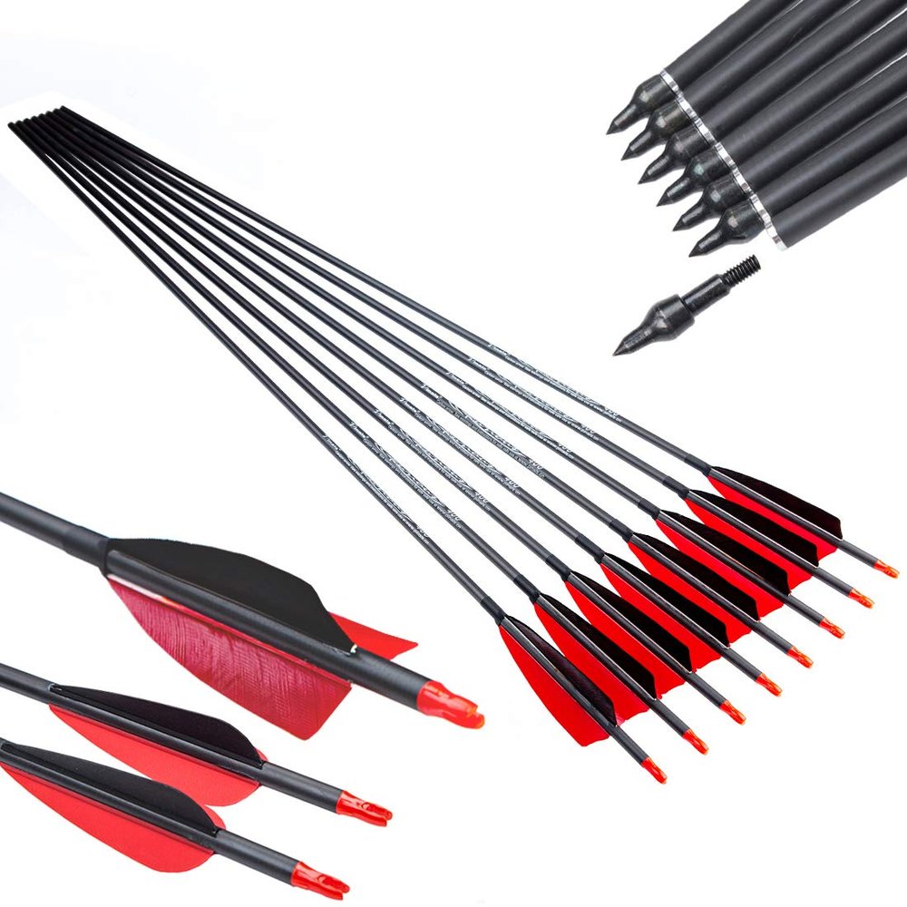 Pinals Archery 300 340 400 500 600 700 800 Spine Carbon Arrows for Compound Recurve Bow Traditional Longbow 30 32 Inch Shafts Hunting Target Feather Arrow 12PCS 500