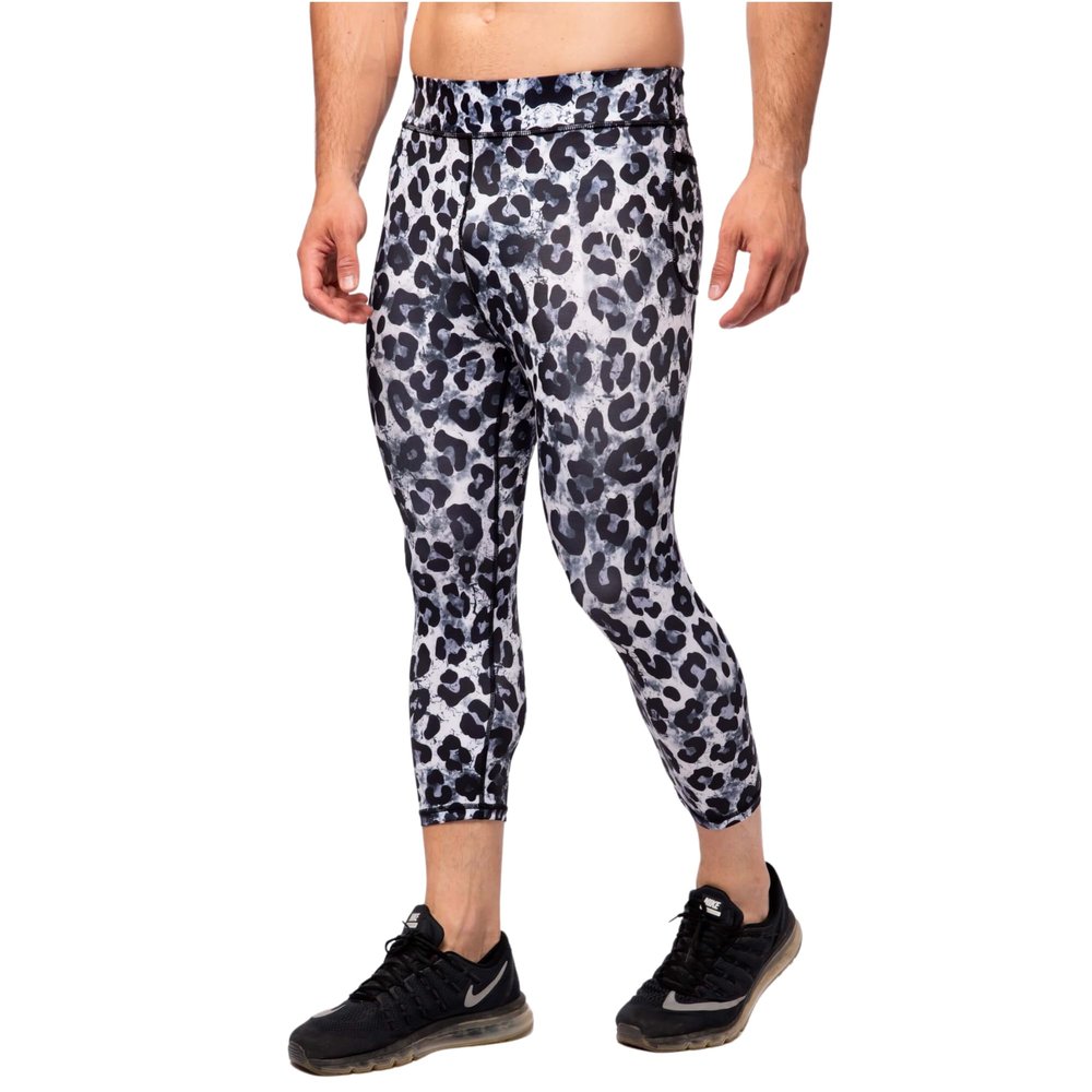 Kapow Meggings Men's Performance 3/4 Leggings Sports Compression with Pockets (Snow Leopard, Large)