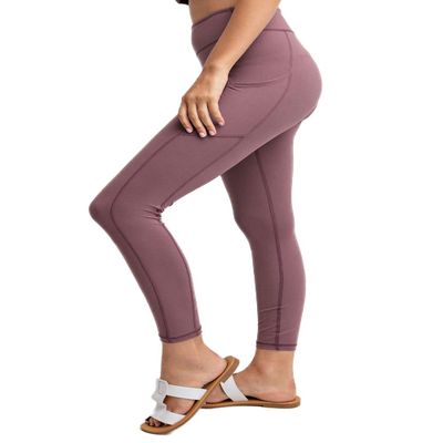 Ashen Fane Full Length High Waist Super Soft Workout Yoga Fitness Pants with Pockets, Dark Mauve, Large