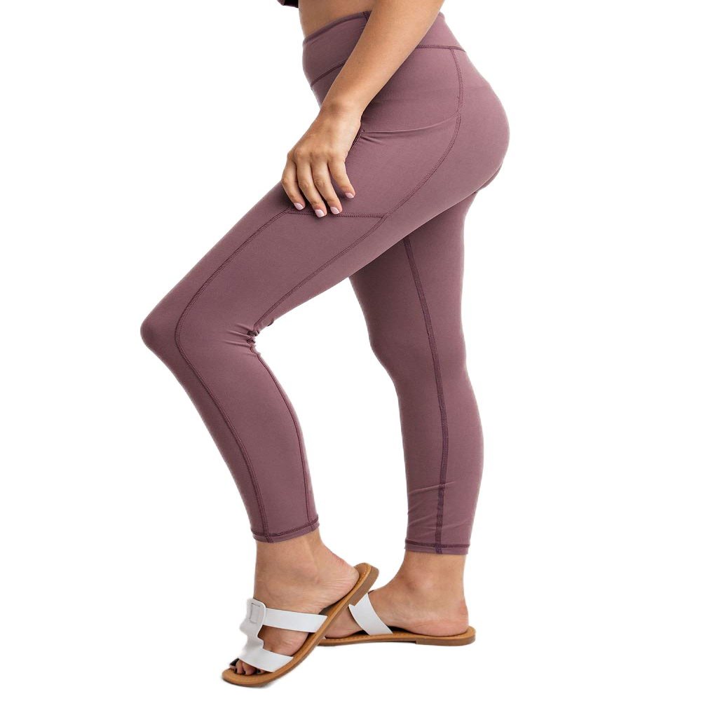 Ashen Fane Full Length High Waist Super Soft Workout Yoga Fitness Pants with Pockets, Dark Mauve, Large