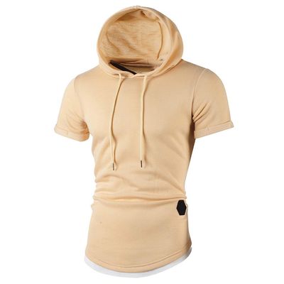 XUETON Causal Short Sleeve Hoodies Slim Fit Workout Tops with Hood Sleeveless Gym T-Shirt Muscles Tees Pockets(Khaki,3X-Large)