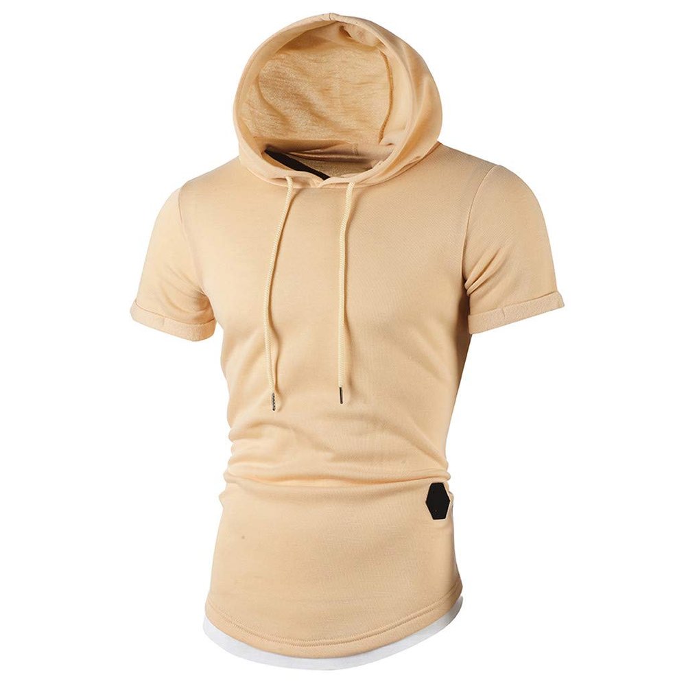 XUETON Causal Short Sleeve Hoodies Slim Fit Workout Tops with Hood Sleeveless Gym T-Shirt Muscles Tees Pockets(Khaki,3X-Large)