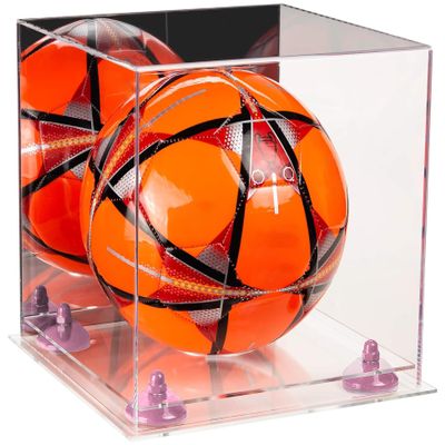 Better Display Cases Acrylic Display Case for Collectibles, Full Size Soccer Ball Display Case,Pink Risers & Clear Base, Handcrafted Showcase Box.DIM;9.75" L x 9.75" W x 9.75" H.(B02)