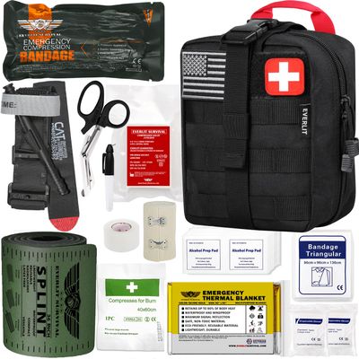 EVERLIT Emergency Trauma Kit, CAT GEN-7 Tourniquet 36" Splint, Military Combat Tactical IFAK for First Aid Response, Critical Wounds, Severe Bleeding Control (Black)
