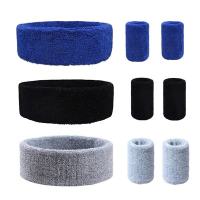 SUSU BLOCK 9 Sweatbands Set, Includes 3 Sports Headbands and 6 Cotton Wristbands (Blue+Grey+Black) for Men and Women's Athletic Activities