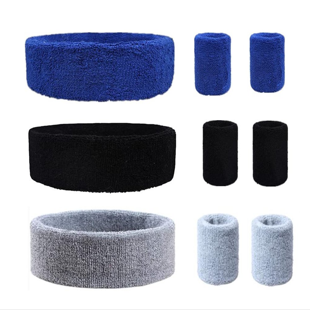 SUSU BLOCK 9 Sweatbands Set, Includes 3 Sports Headbands and 6 Cotton Wristbands (Blue+Grey+Black) for Men and Women's Athletic Activities