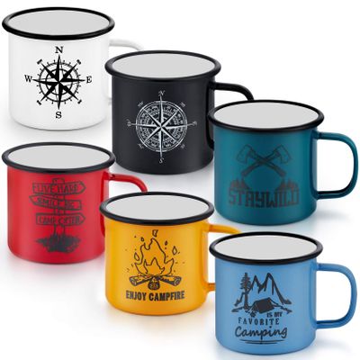 P&P CHEF 16 Oz Enamel Mug Coffee Cup Set of 6, Camping Enamel Mug with Patterns & Handle for Tea Soup Milk, Corlorful Gift for Camp Home Office, Lightweight & Durable