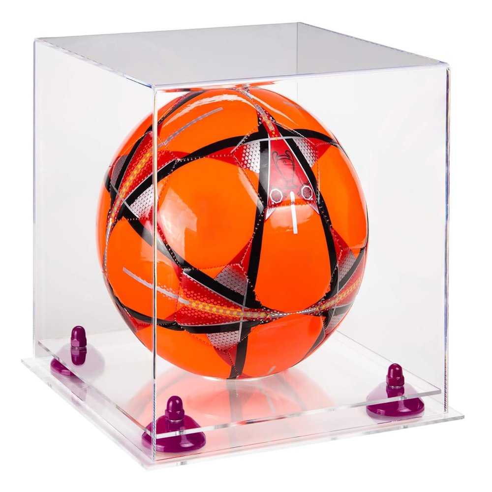 Better Display Cases Acrylic Display Case for Collectibles, Full Size Soccer Ball Display Case,Purple Risers & Clear Base, Handcrafted Showcase Box.DIM;9.75" L x 9.75" W x 9.75" H.(B02)