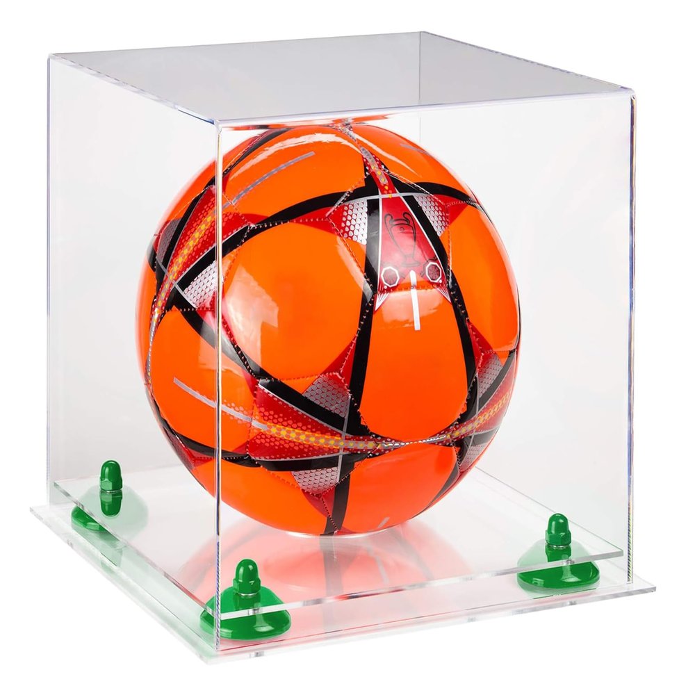 Better Display Cases Acrylic Display Case for Collectibles, Full Size Soccer Ball Display Case,Green Risers & Clear Base, Handcrafted Showcase Box.DIM;9.75" L x 9.75" W x 9.75" H. (B02)
