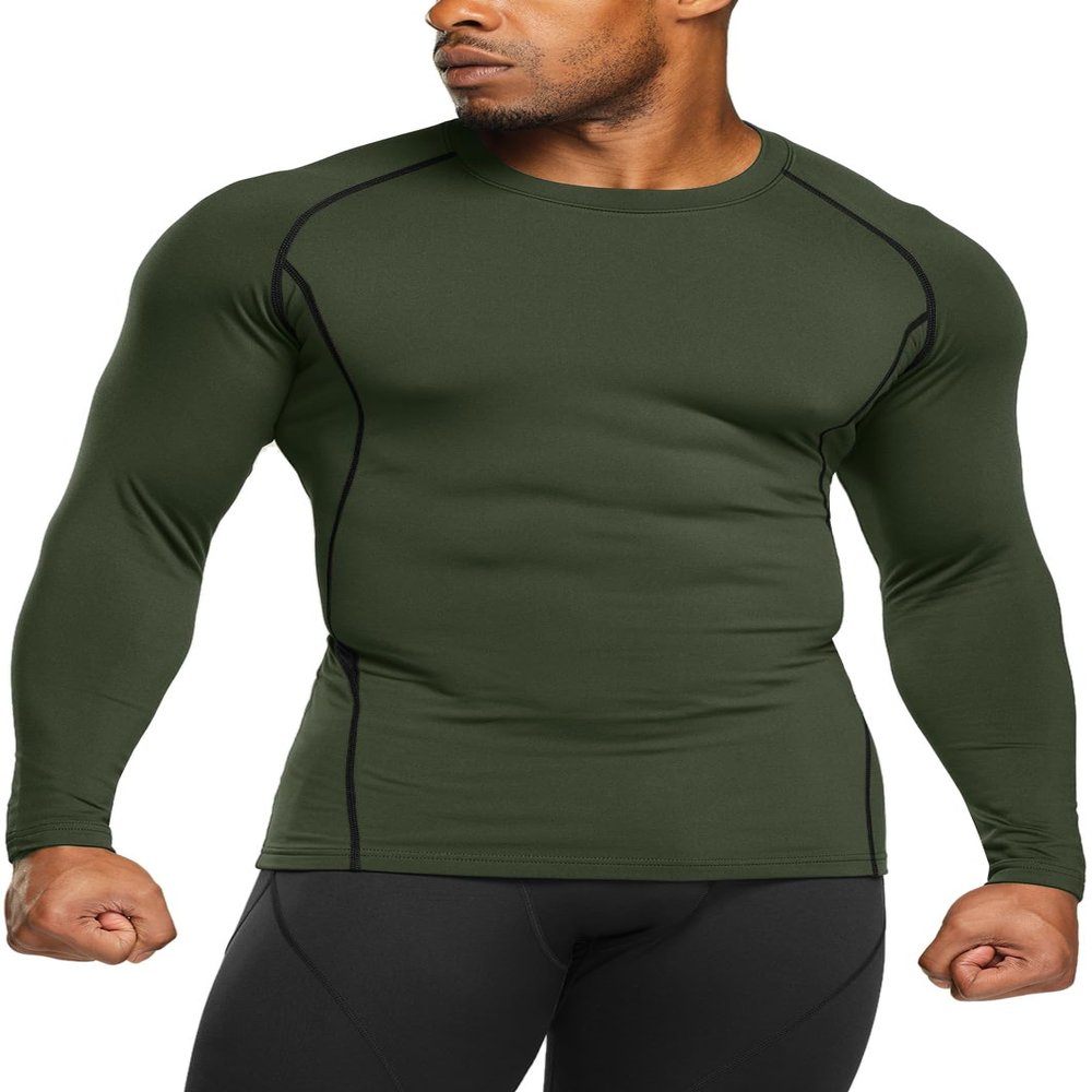 TSLA Men's Thermal Long Sleeve Compression Shirts, Athletic Base Layer Top, Winter Gear Running T-Shirt, Heatlock Round Neck Olive, X-Small