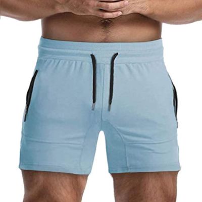 EVERWORTH Men's Solid Gym Workout Shorts Bodybuilding Running Fitted Training Jogging Short Pants with Zipper Pocket 3 Colors (US Small : (Waist: 29.5"-31.5"), Blue)