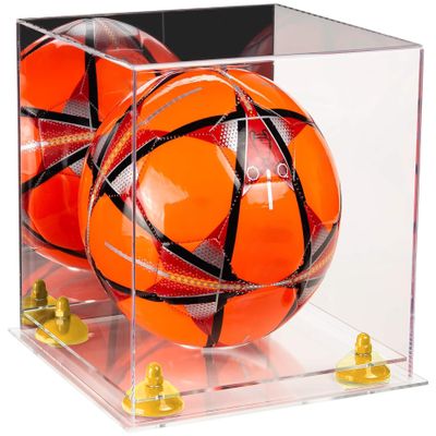 Better Display Cases Acrylic Display Case for Collectibles, Full Size Soccer Ball Display Case,Yellow Risers & Clear Base, Handcrafted Showcase Box.DIM;9.75" L x 9.75" W x 9.75" H. (B02)