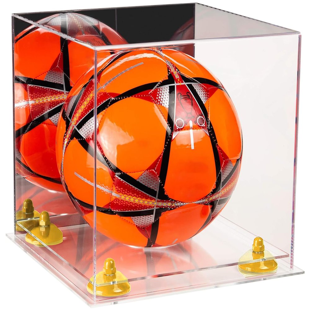 Better Display Cases Acrylic Display Case for Collectibles, Full Size Soccer Ball Display Case,Yellow Risers & Clear Base, Handcrafted Showcase Box.DIM;9.75" L x 9.75" W x 9.75" H. (B02)