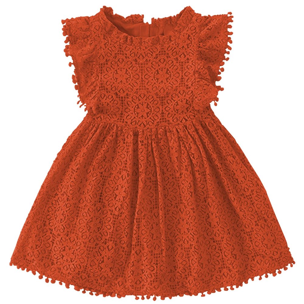 Csbks Toddler Girls Cute Pompoms Lace Floral Elegant Retro Swing Party Dress Reddish Brown 90(1T)