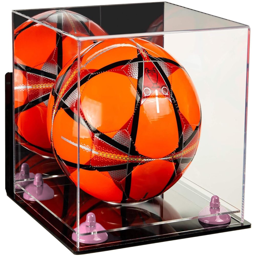 Better Display Cases Acrylic Display Case for Collectibles, Full Size Soccer Ball Display Case,Pink Risers & Clear Base, WM,Handcrafted Showcase Box.DIM;9.75" L x 9.75" W x 9.75" H. (B02)