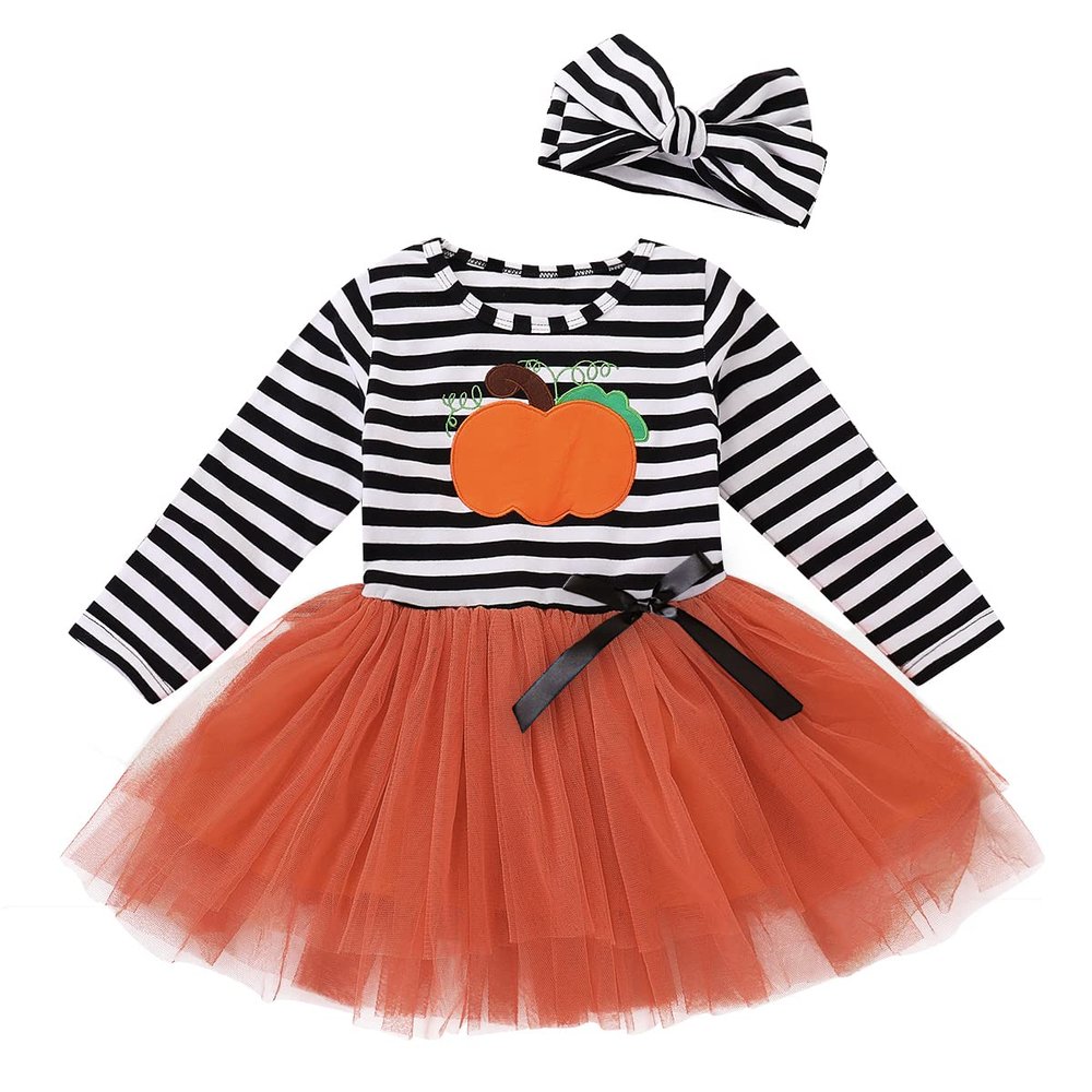 1-6T Toddler Kids Baby Girls Halloween Outfits Ghost Pumpkin Print Long Sleeve Dress Winter Clothes (Pumpkin, 18-24 Months)