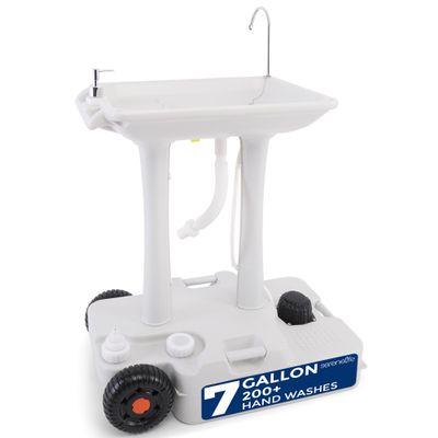 SereneLife Portable Camping Sink with 30L (7+ Gallon) Built-In Water Tank, Large Wheels, Hands-Free Foot Pump, Extra-Large Basin, and 5L Soap Dispenser Ideal for Outdoors, Camping, and Worksites