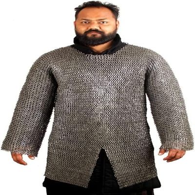 THE MEDIEVALS 9 MM ID MS Flat Riveted Hauberk Chain Mail Armor Full Sleeve Shirt - Natural Oiled Finish, X-Large
