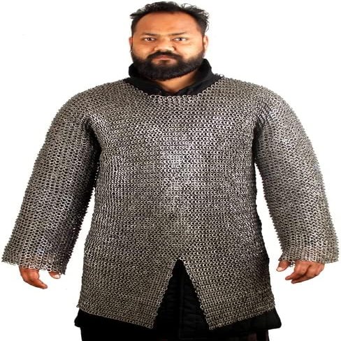 THE MEDIEVALS 9 MM ID MS Flat Riveted Hauberk Chain Mail Armor Full Sleeve Shirt - Natural Oiled Finish, X-Large