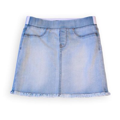 Calvin Klein Girls' Jean Skirt, Lightweight Stretch Denim with Raw-Edged Hem, Breeze/Pull on, 7