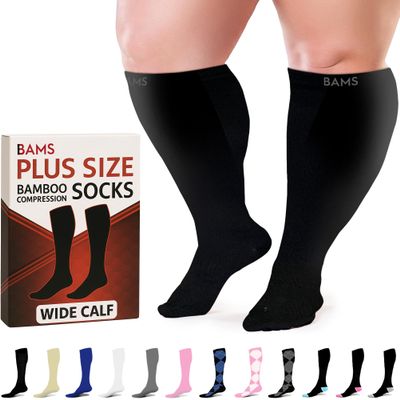 BAMS Plus Size Compression Socks Wide Calf XL XXL XXXL  Graduated Knee-High Support, Viscose from Bamboo Easy-On/Easy-Off (Black, 2X-Large)