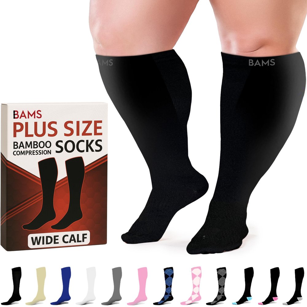 BAMS Plus Size Compression Socks Wide Calf XL XXL XXXL  Graduated Knee-High Support, Viscose from Bamboo Easy-On/Easy-Off (Black, 2X-Large)