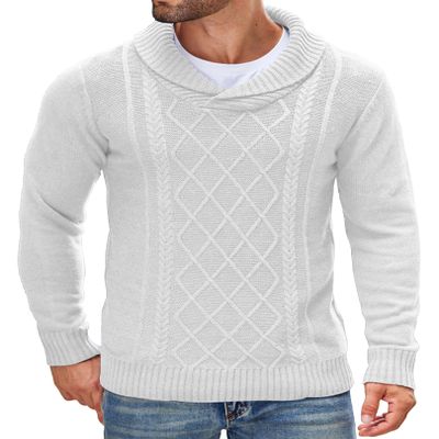 COOFANDY Men's Shawl Collar Sweaters V-Neck Cotton Relaxed Fit Cable Pullover (White, Large)