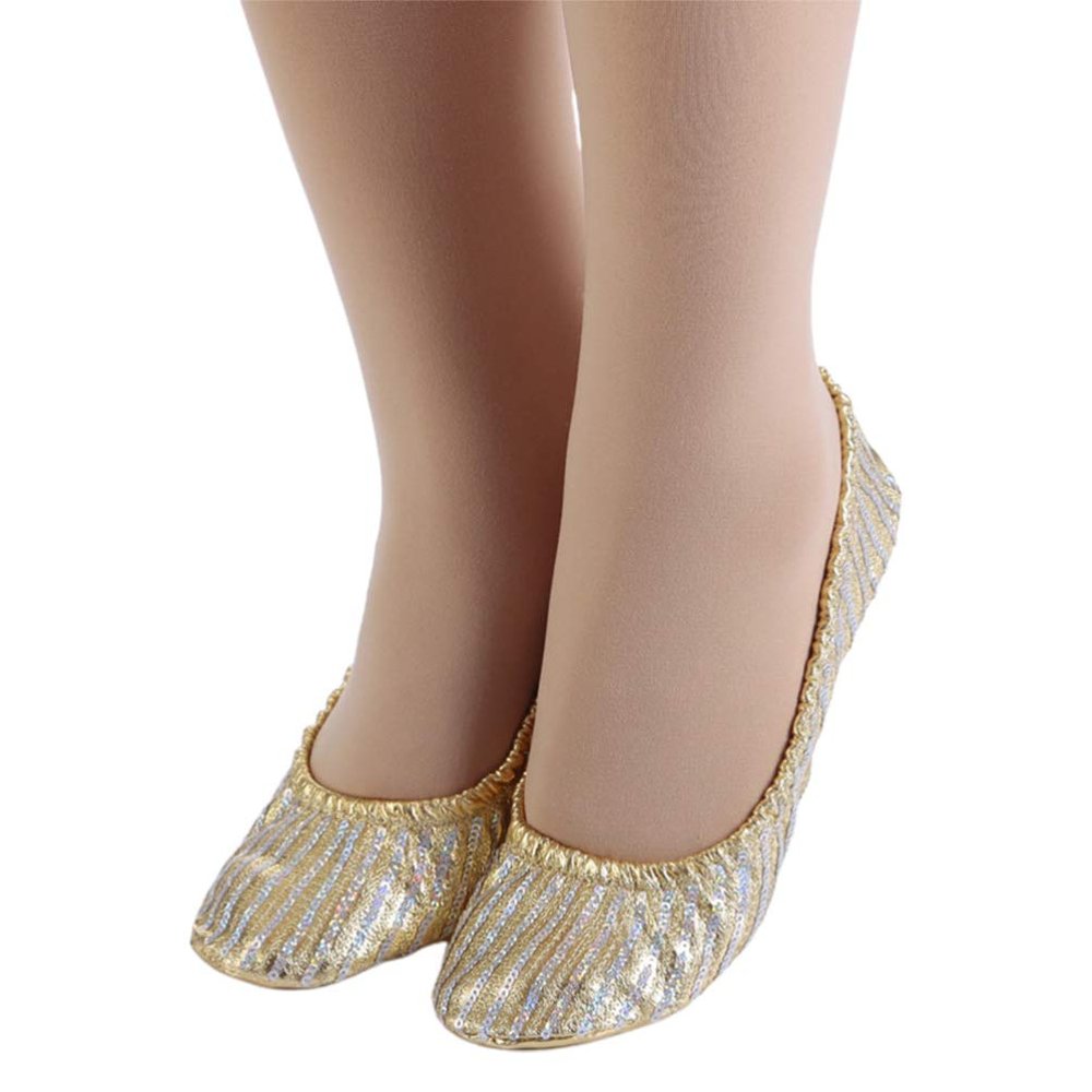 1Pair Womens Ballerina Bling Metallic Comfortable Flats Roll Up Walking Shoes Sequin House Slippers For Women Size S(Golden)