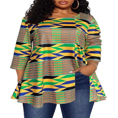Afibi Womens Print Shirt African Dashiki 3/4 Sleeve Boho Loose Tunic Tops (Large, Golden)