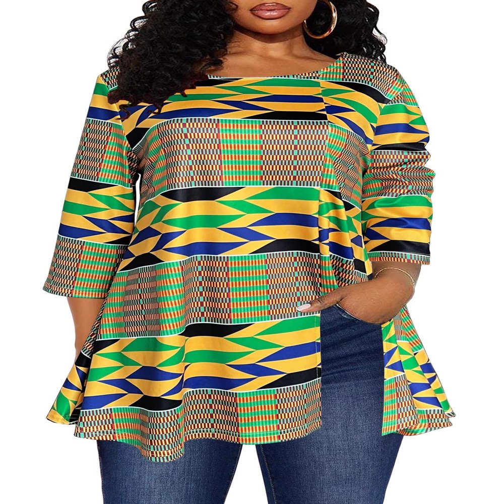 Afibi Womens Print Shirt African Dashiki 3/4 Sleeve Boho Loose Tunic Tops (Large, Golden)
