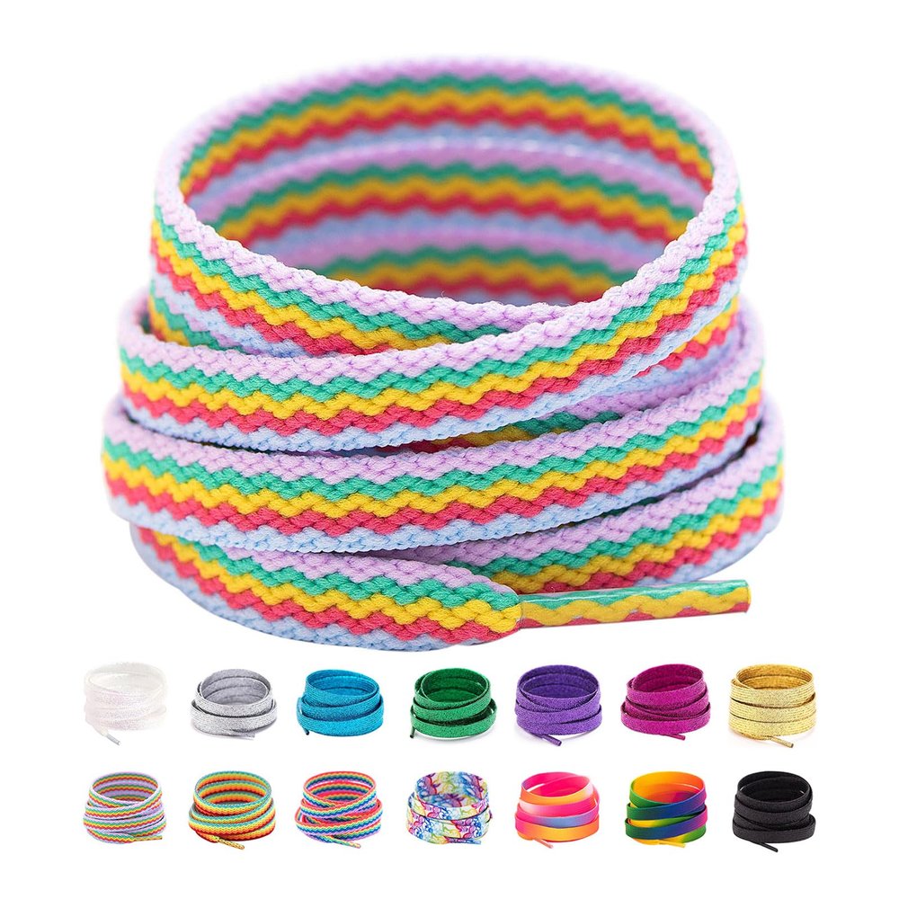 Booyckiy Flat Colorful Fashion Shoelaces, 5/16" Rainbow Stripe Shoe Laces for Sneakers Gem Rainbow 31inch (80cm)