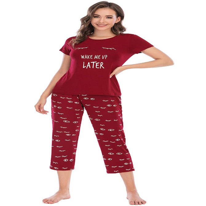 Honeystore Women's Short Sleeve Cat Print Shorts or Pants Pajama Sets Sleepwear H0090-Burgundy L