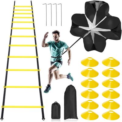 Pro Speed & Agility Training SetIncludes 12 Rung 20ft Adjustable Agility Ladder with Carrying Bag, 12 Disc Cones, 4 Steel Stakes, 1 Resistance Parachute, Use Equipment to Improve Footwork Any Sport