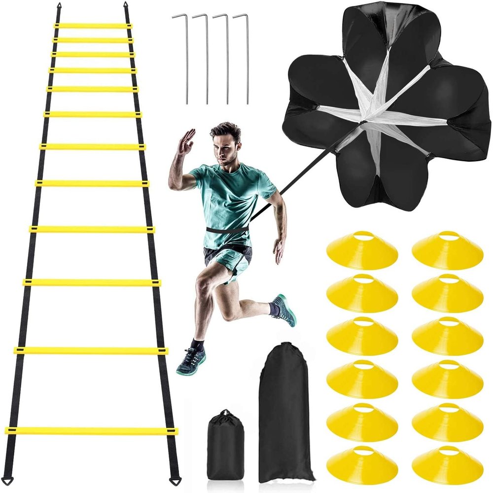 Pro Speed & Agility Training SetIncludes 12 Rung 20ft Adjustable Agility Ladder with Carrying Bag, 12 Disc Cones, 4 Steel Stakes, 1 Resistance Parachute, Use Equipment to Improve Footwork Any Sport
