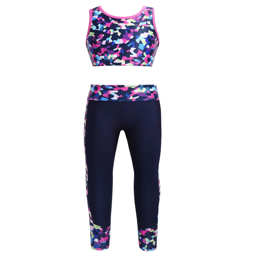 Moily Big Girls Two Piece Athletic Outfit Sweetheart Racer Back Top with Leggings for Gymnastics/Dance/Sports Floral Rose 14