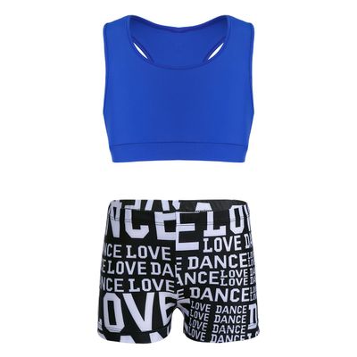 Yartina Kids Girls Sports Dance Gymnastics Leotard 2Pcs Outfits Racer Back Solid Crop Tops with Booty Shorts Blue&Black 8-10
