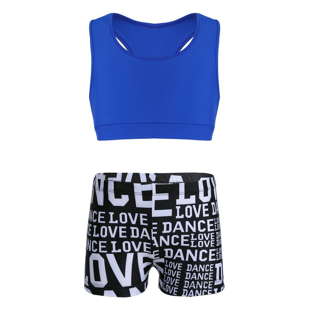 Yartina Kids Girls Sports Dance Gymnastics Leotard 2Pcs Outfits Racer Back Solid Crop Tops with Booty Shorts Blue&Black 8-10